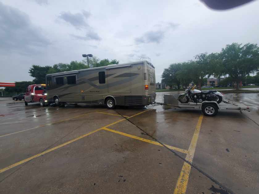 Towing an RV towing a motorbike on a trailer from Dallas to Garland, TX